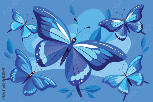 A cheerful and whimsical illustration of several vibrant blue butterflies fluttering amidst stylized leaves and soft, textured blue sky background.