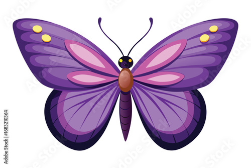 A cartoonish, stylized illustration of a butterfly with deep purple wings and pink accents.