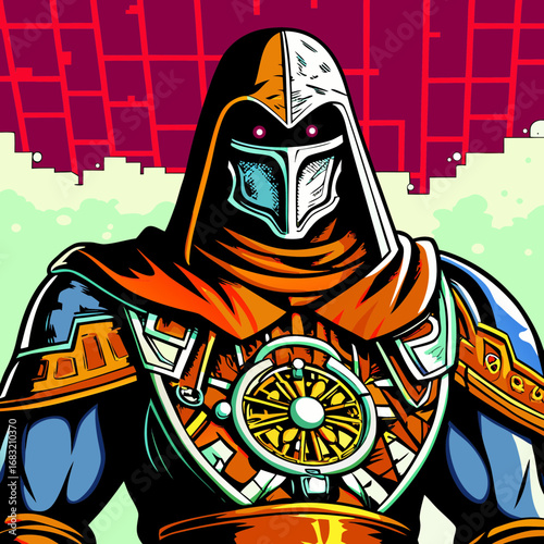 Heroic video game character in vibrant digital landscape