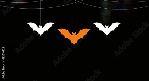 Minimalist Halloween bat trio on black background, orange and white silhouette, abstract digital art, wallpaper