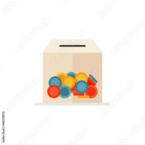 Box filled with colorful coins, a symbol of savings and financial growth