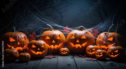 Halloween pumpkins with glowing faces, spiders and webs, autumn party on wood table, creepy dark background, horizontal banner