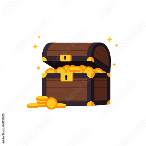 Cartoon treasure chest overflowing with gold coins and sparkling stars