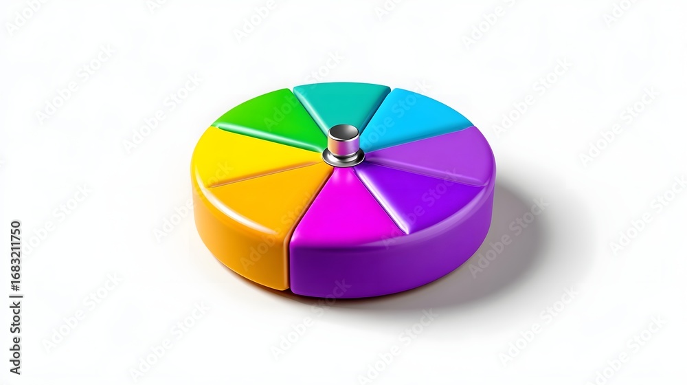 Fototapeta premium Vibrant, multicolored pie chart graphic with divisional segments, representing data or statistics in a clean, minimalist design
