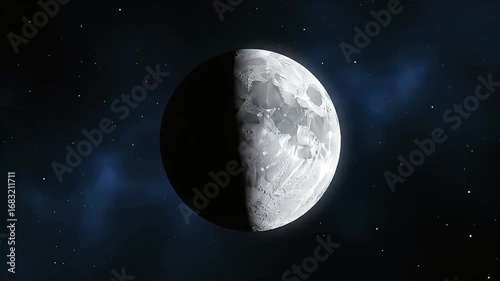 A Cinematic Fly-By of a Desolate Moon Revealing Craters and Shadows in Deep Space