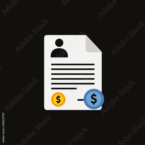 Financial report with person icon, lines of text, and dollar coins