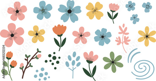 Collection of Flat Design Spring Flowers and Botanical Elements in Soft Hues floral bloom