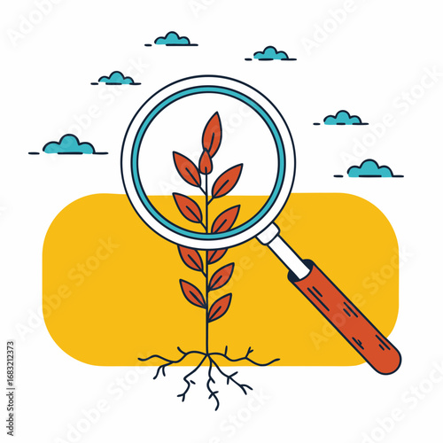 Magnifying glass reveals details of a growing plant in nature