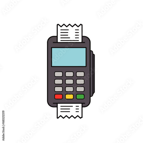 POS terminal with a light blue screen and two receipts sticking out