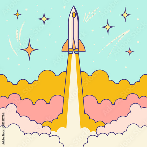 Rocket launches into a starry night sky filled with clouds