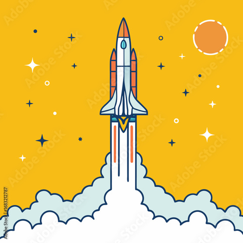 Rocket launches into starry night sky with bright cosmic backdrop