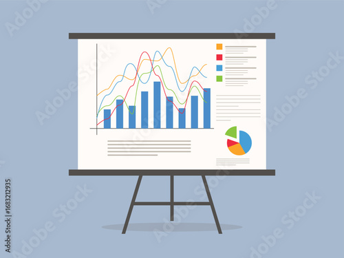 Graphs on the whiteboard. Statistics data analysis business, stand flip chart