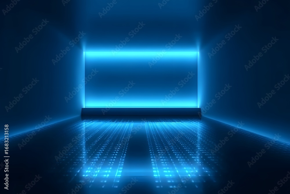Fototapeta premium Abstract blue background with LED lights, empty room with wooden floor and wall of LED lights.