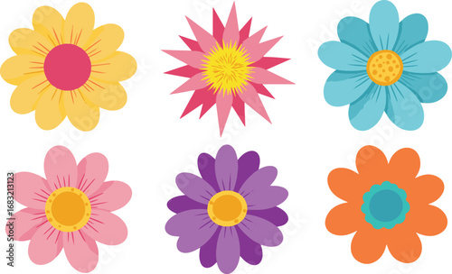 Eight Diverse Cartoon Flowers in Various Colors and Styles floral bloom