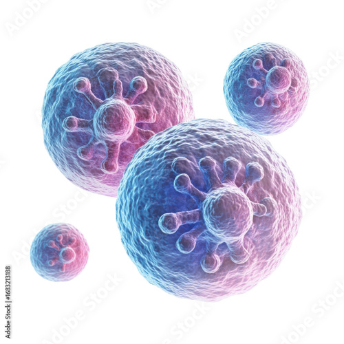 Microscopic view of virus cells with pink and blue hues floating against a representing medical research and scientific visualization on transparent background