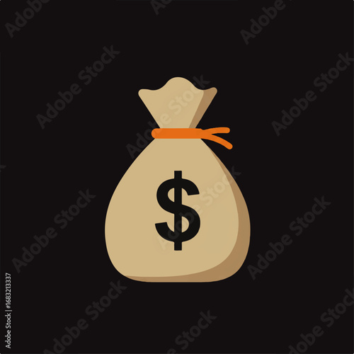 Stylized Money Bag with Prominent Dollar Sign and Orange Tie
