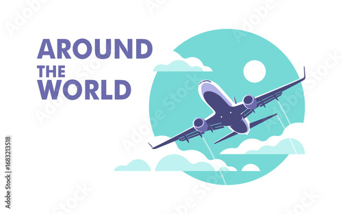 Airplane gaining altitude between clouds. Travel and vacation time. Vector illustration in a minimalistic style.