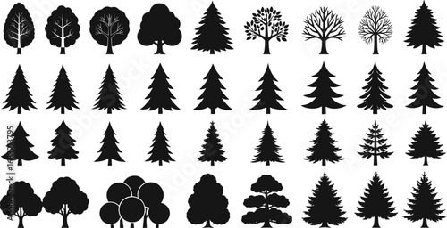 Variety of tree silhouettes including pine, deciduous, Christmas, and ornamental trees for landscape, vector illustration, and graphic design projects.