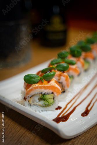 Sushi with salmon close up