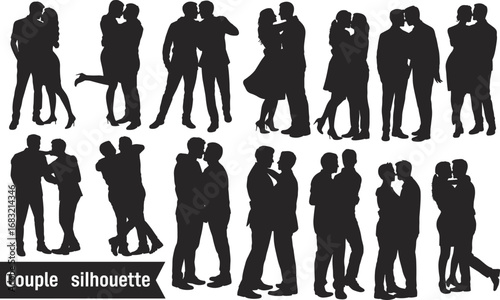 Romantic couple silhouette, love couple illustration, hugging partners art, affectionate people pose, passionate kiss design, relationship shadow figures, black silhouette romance, intimacy 