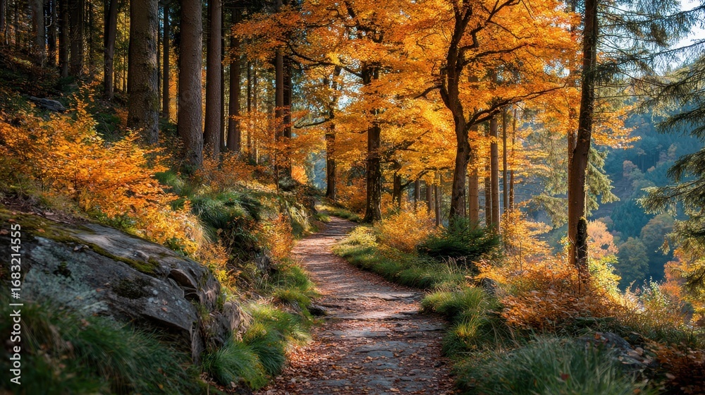 Fototapeta premium Scenic autumn forest path covered in golden leaves with warm sunlight streaming through tall trees peaceful seasonal landscape evoking relaxation and nature retreat