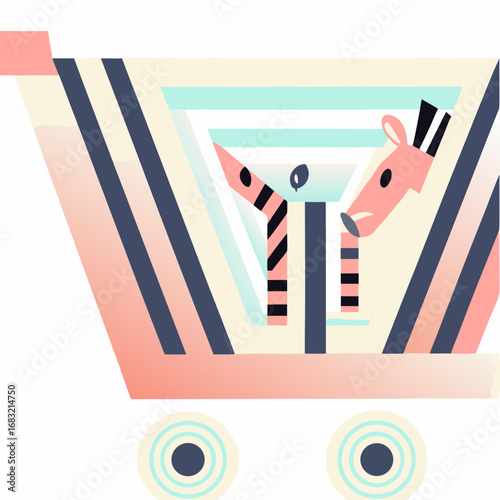 Stylized geometric shopping cart with vibrant colors and bold lines