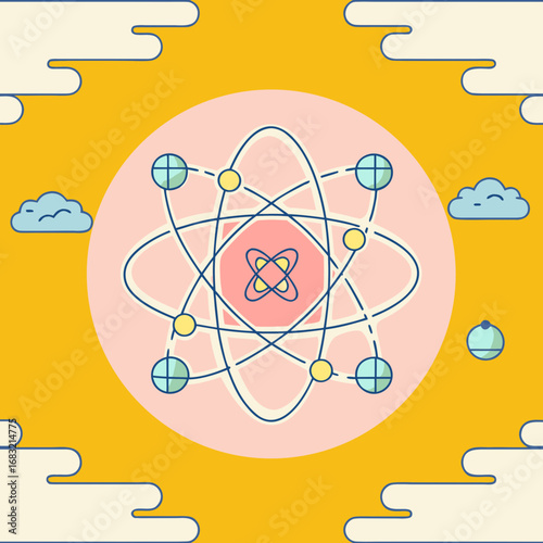 Stylized atom with orbiting electrons against a colorful background