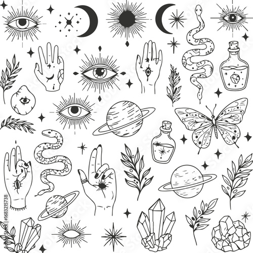 Mystical Celestial Hand Drawn Tattoo Flash Sheet With Eyes Snakes Planets Crystals And Hands Keywords: mystical celestial tattoo flash hand drawn eyes snakes planets crystals butterfly moon sun