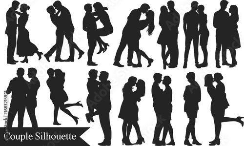 Romantic couple silhouette, love poses, people in love, kissing lovers, relationship moment, passionate embrace, black silhouette couple, affection scene, intimacy expression, love artwork