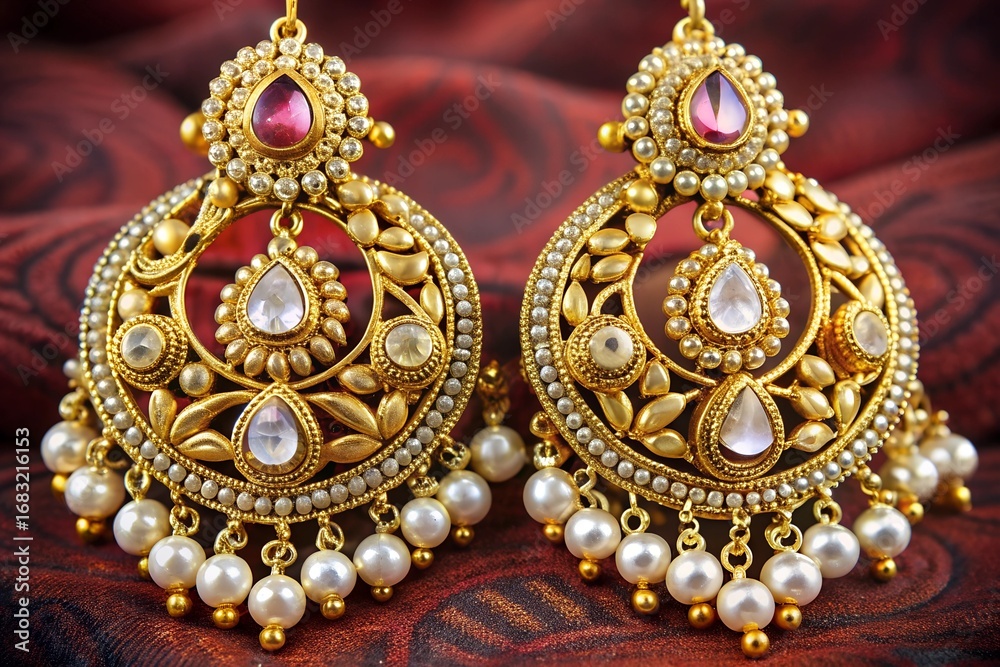 Obraz premium Beautiful Golden pair of errings Diamonds gemstones ndian traditional jeweller, kundan earring,Bridal God earrings wedding jewelley