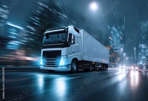 White truck speeding through a city at night