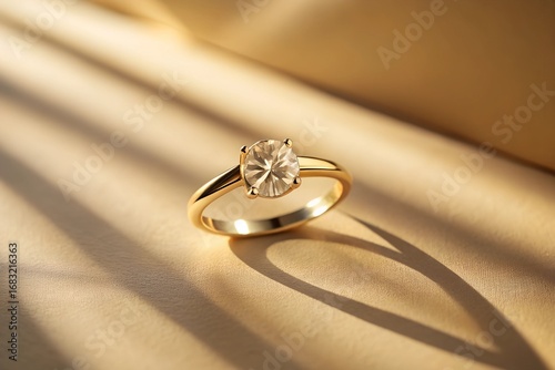 Gold ring with diamond on eige background with shados and geometric props. Stil life and creative photo