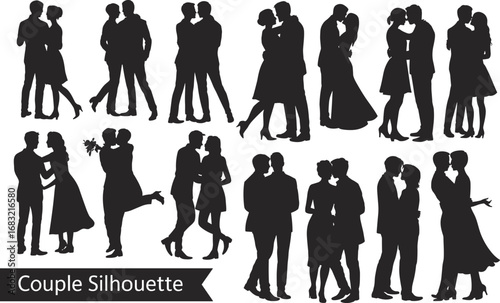 Romantic couple silhouette, lovers in embrace, hugging pose artwork, passionate relationship moment, love expression vector, black shadow figures, affection clipart, intimate standing couple pose