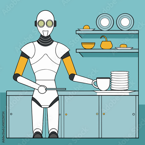 Robot helper washing dishes in a modern kitchen setting