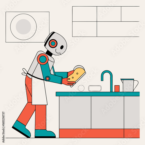 Robot doing the dishes in a modern kitchen with bright colors