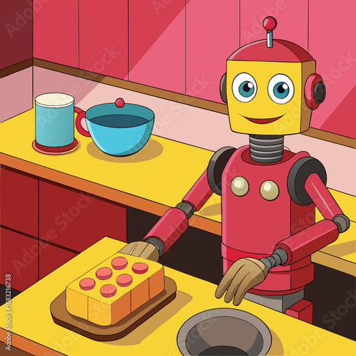 Robot rinsing dishes in a colorful kitchen during the afternoon
