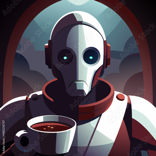 Robot enjoying coffee in a cozy cafe setting during the morning