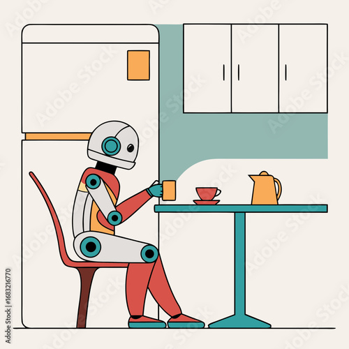 Robot enjoys coffee in a cozy kitchen setting with modern design