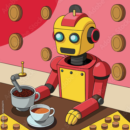 Robot enjoying coffee in a colorful cafe setting