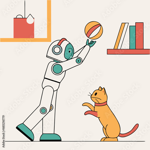 Robot plays with a cat using a colorful ball indoors