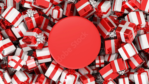 A podium seen from above surrounded by a pile of white and red Christmas gifts