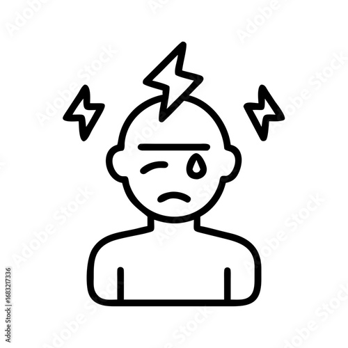 Icon representation of headache with sad expression and symptoms