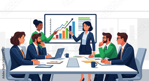 Businesswoman presenting financial growth data to diverse team during a boardroom meeting.