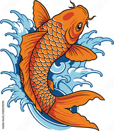 Vibrant Orange Koi Fish Swimming Through Stylized Blue Waves In Traditional Japanese Art Style carp