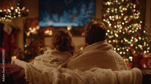 Cozy Couple Enjoys Holiday Movie Night Under Blanket in Front of Christmas Tree with Beautiful Decorations