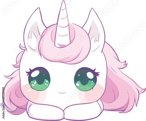Adorable kawaii unicorn with big green eyes and pink mane sitting playfully