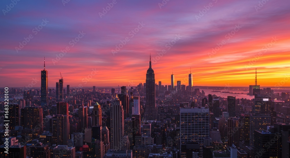 Fototapeta premium A breathtaking panorama of New York City's skyline at sunset, showcasing vibrant colors and towering structures against a dramatic sky.