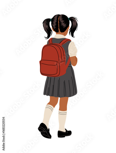 Vector illustration of a small school girl in formal uniform with red backpack, standing rear view, isolated on transparent background. Perfect for education and back-to-school designs