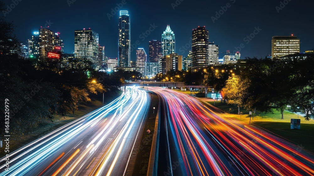 Fototapeta premium A city skyline with a lot of traffic