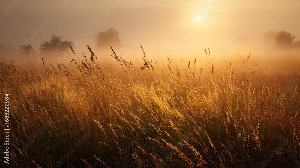 Fototapeta premium Golden sunrise over grassy field